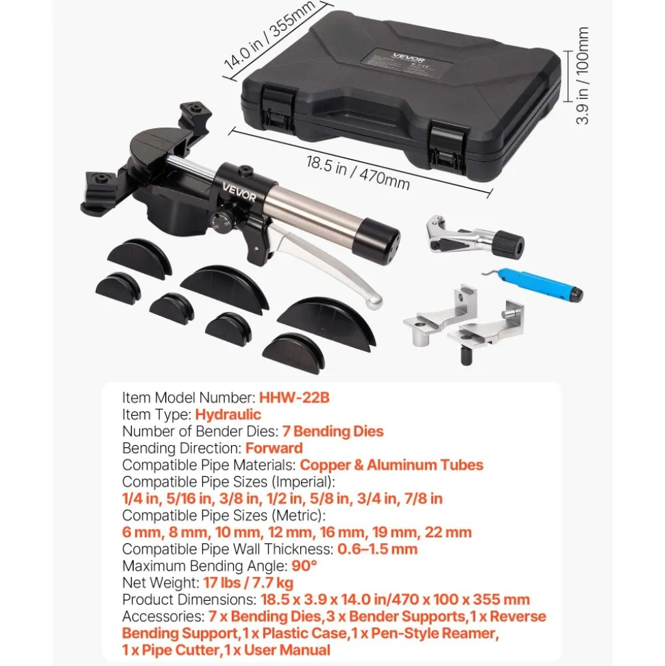 VEVOR Hydraulic Tubing Bender Kit, 1/4 to 7/8 Inch, Copper Tube Pipe Bender, Forward/Reverse HVAC Bending Tool Set, with 7 Aluminium Alloy Dies, for HVAC Air Conditioning Refrigeration Auto Repair