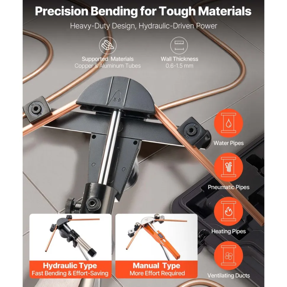 VEVOR Hydraulic Tubing Bender Kit, 1/4 to 7/8 Inch, Copper Tube Pipe Bender, Forward/Reverse HVAC Bending Tool Set, with 7 Aluminium Alloy Dies, for HVAC Air Conditioning Refrigeration Auto Repair