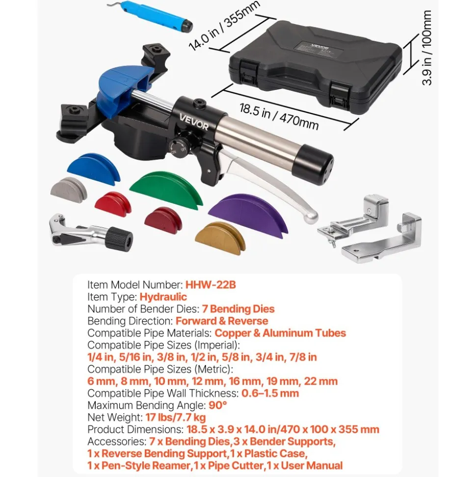 VEVOR Hydraulic Tubing Bender Kit, 1/4 to 7/8 Inch, Copper Tube Pipe Bender, Forward/Reverse HVAC Bending Tool, with 7 Color Aluminium Alloy Dies, for HVAC Air Conditioning Refrigeration Auto Repair