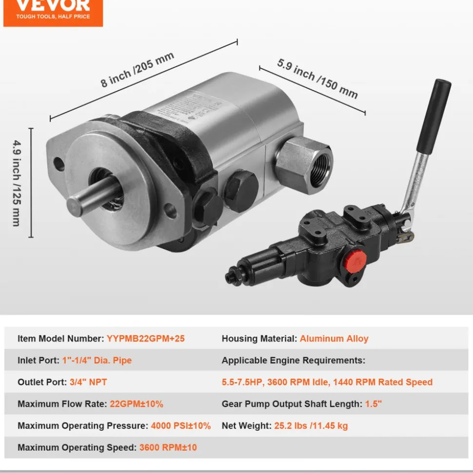VEVOR Hydraulic Wood Log Splitter Pump Kit, 22GPM, 2 Stage 4000PSI Aluminum Hydraulic Gear Pump, with Valve Coupling Installation Base 3/4'' NPT Outlet 3600 RPM, for Small Engine Mounting Log Splitter