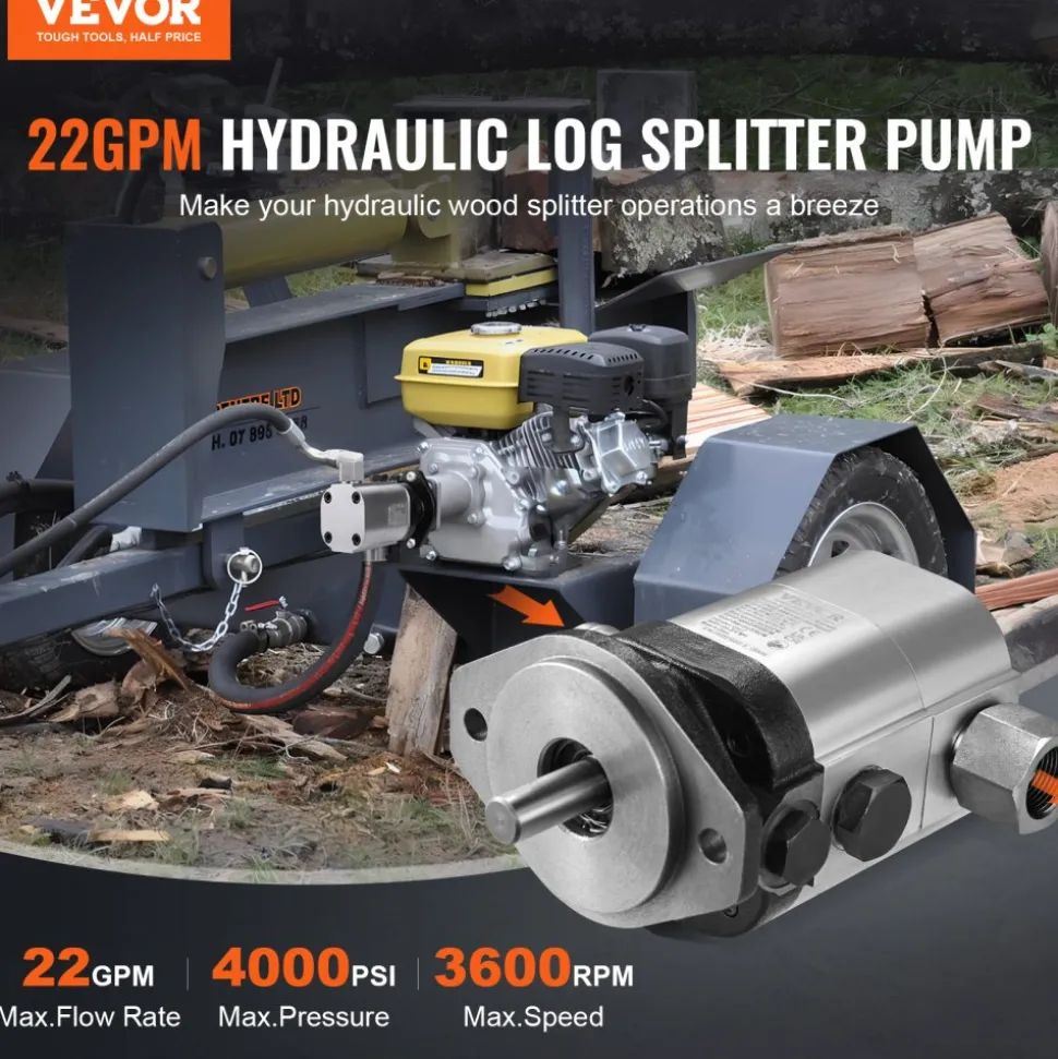VEVOR Hydraulic Wood Log Splitter Pump Kit, 22GPM, 2 Stage 4000PSI Aluminum Hydraulic Gear Pump, with Valve Coupling Installation Base 3/4'' NPT Outlet 3600 RPM, for Small Engine Mounting Log Splitter