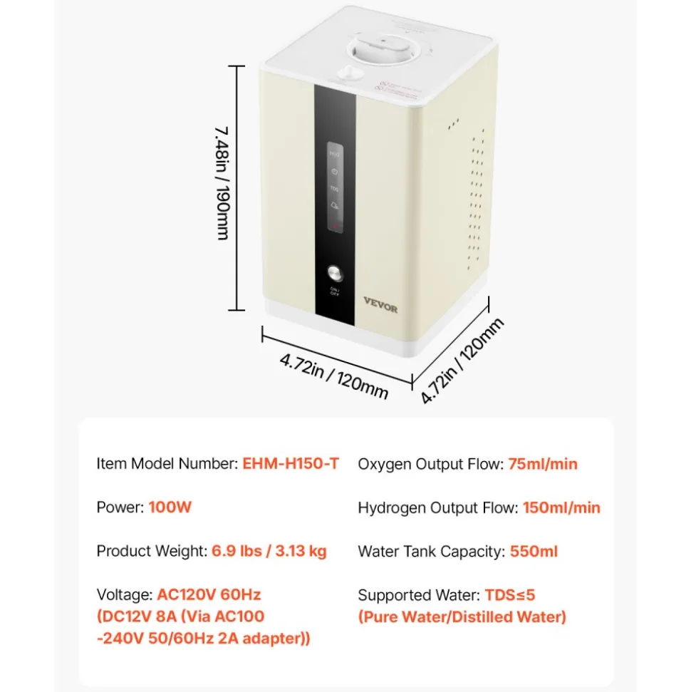 VEVOR Hydrogen Inhalation Machine, 99.99% High Purity Hydrogen Inhaler, HO-Separated 225ml/min (150 H+75 O) Dual Port Hydrogen Oxygen Inhaler, Hydrogen-Rich Water Generator for Home Travel