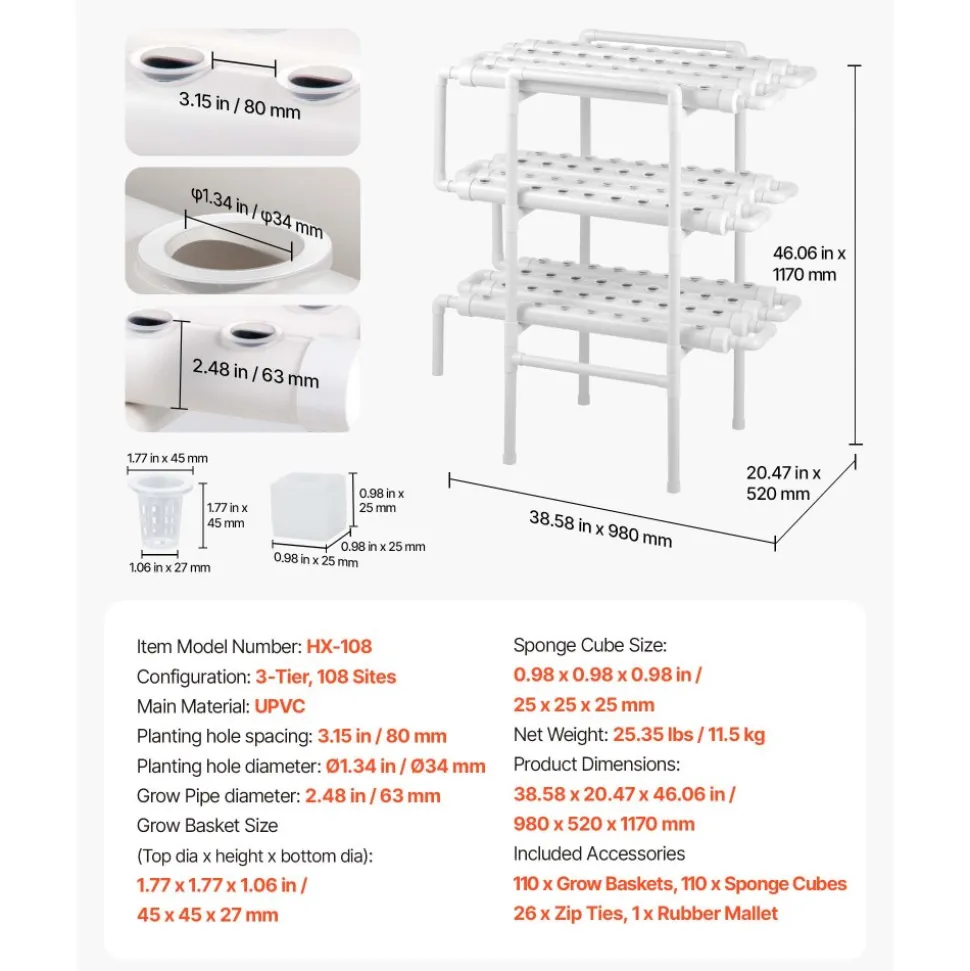 VEVOR Hydroponics Growing System Kit, 3-Tier 90 Sites UPVC Pipe Hydroponic Grow Kit with Timed Irrigation, Sun & Light Blocking Pipes, Indoor Home Garden Vegetable Planting Grow Kits for Fruit Herb