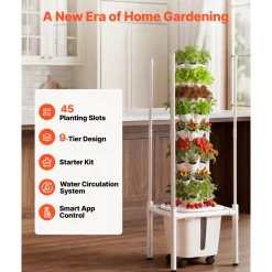 VEVOR Hydroponic Tower, 45 Pods 9 Tiers Hydroponics Growing System Kit with LED Grow Light, App Control & Casters, Vertical Home Garden with 20L Water Tank & Pump for Indoor Herbs, Fruits, Vegetables