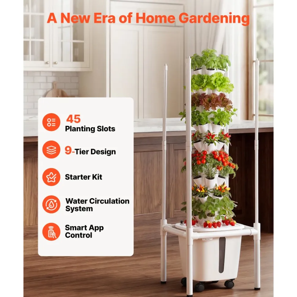 VEVOR Hydroponic Tower, 45 Pods 9 Tiers Hydroponics Growing System Kit with LED Grow Light, App Control & Casters, Vertical Home Garden with 20L Water Tank & Pump for Indoor Herbs, Fruits, Vegetables