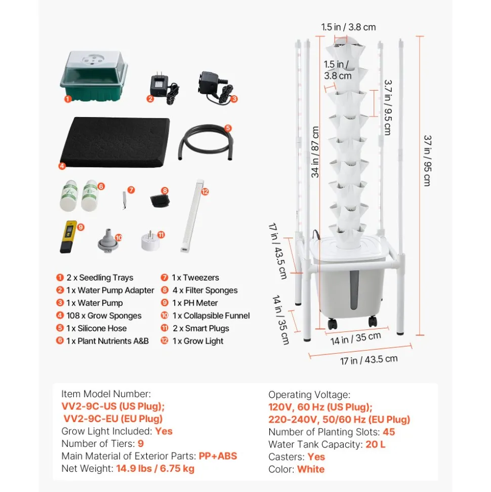 VEVOR Hydroponic Tower, 45 Pods 9 Tiers Hydroponics Growing System Kit with LED Grow Light, App Control & Casters, Vertical Home Garden with 20L Water Tank & Pump for Indoor Herbs, Fruits, Vegetables