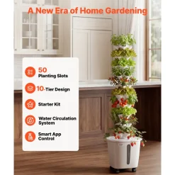 VEVOR Hydroponic Tower, 50 Pods 10 Tiers Hydroponics Growing System Kit with App Control & Casters, Vertical Home Garden with 20L Water Tank & Pump, Planter for Indoor Herbs, Fruits and Vegetables