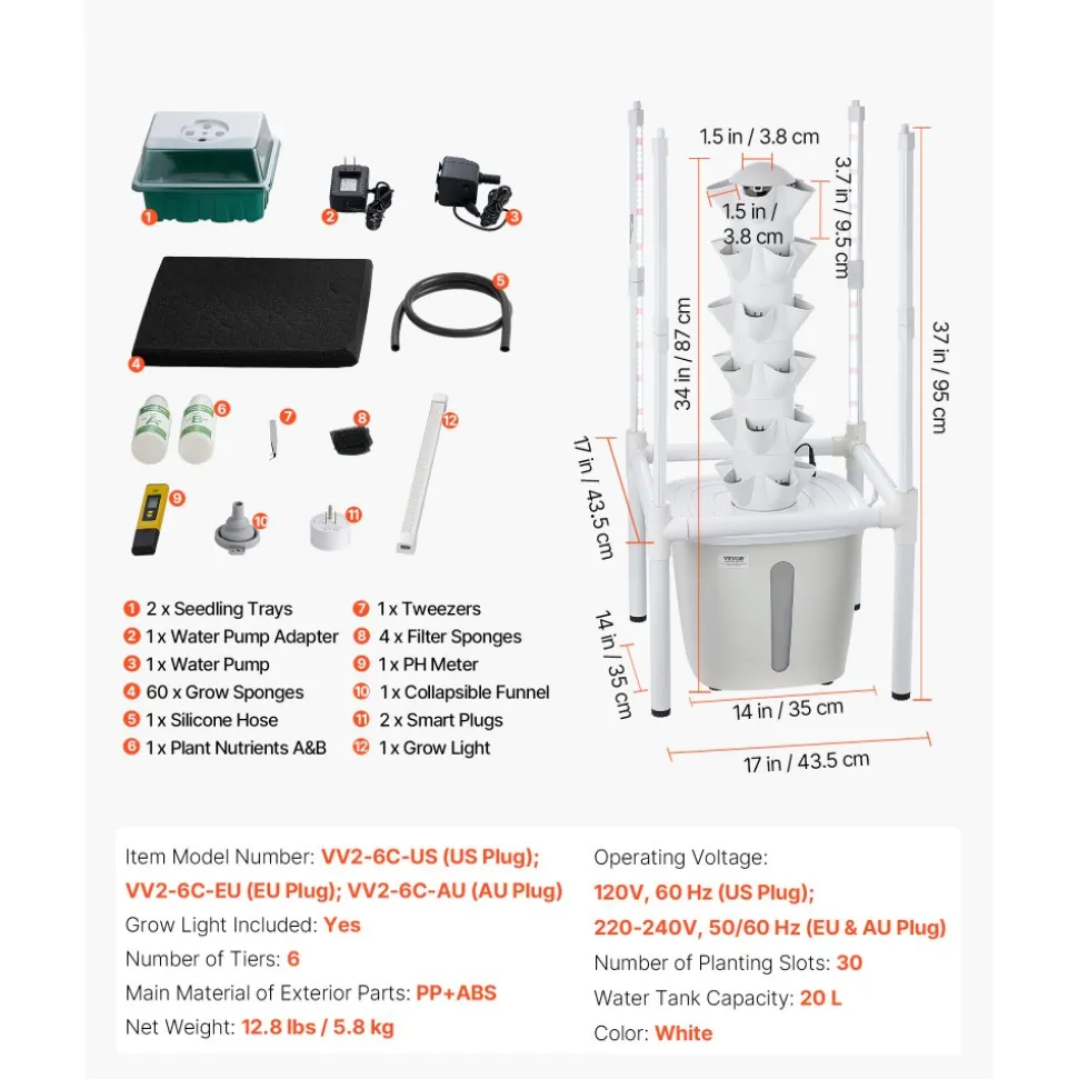 VEVOR Hydroponic Tower, 30 Pods 6 Tiers Hydroponics Growing System Kit with LED Grow Light & App Control, Vertical Home Garden with 20L Water Tank & Pump, Planter for Indoor Herbs, Fruits, Vegetables