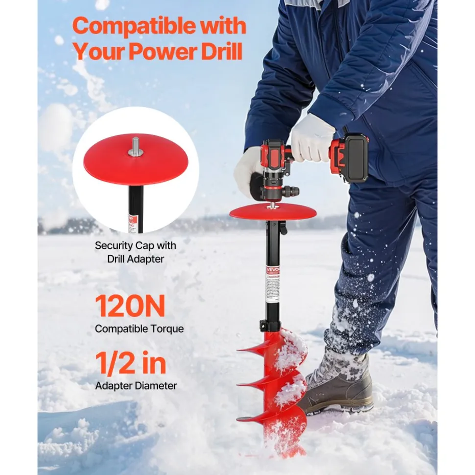 VEVOR Ice Auger Drill Bit, 8in Diameter 39in Length, Cordless Nylon Ice Fishing Augers With Extra 13.4in Extension Rod, Drill Adapter, Top Plate and Blade Guard