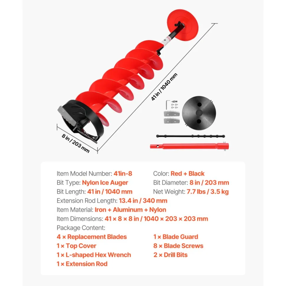 VEVOR Ice Auger Drill Bit, 8in Diameter 39in Length, Cordless Nylon Ice Fishing Augers With Extra 13.4in Extension Rod, Drill Adapter, Top Plate and Blade Guard