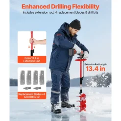 VEVOR Ice Auger Drill Bit, 8in Diameter 39in Length, Cordless Nylon Ice Fishing Augers With Extra 13.4in Extension Rod, Drill Adapter, Top Plate and Blade Guard