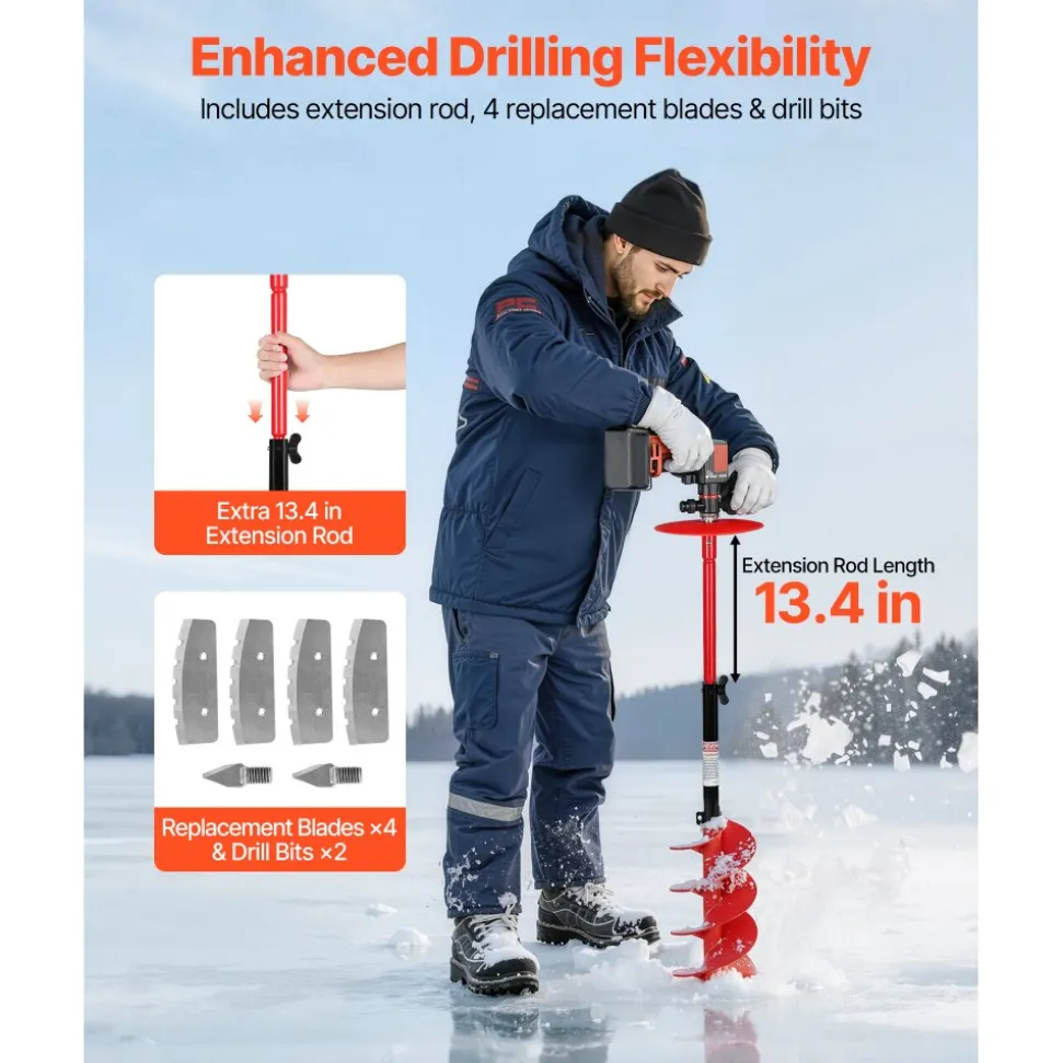 VEVOR Ice Auger Drill Bit, 8in Diameter 39in Length, Cordless Nylon Ice Fishing Augers With Extra 13.4in Extension Rod, Drill Adapter, Top Plate and Blade Guard