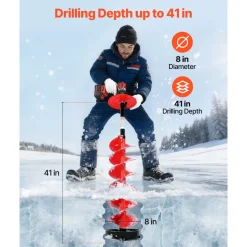 VEVOR Ice Auger Drill Bit, 8in Diameter 39in Length, Cordless Nylon Ice Fishing Augers With Extra 13.4in Extension Rod, Drill Adapter, Top Plate and Blade Guard