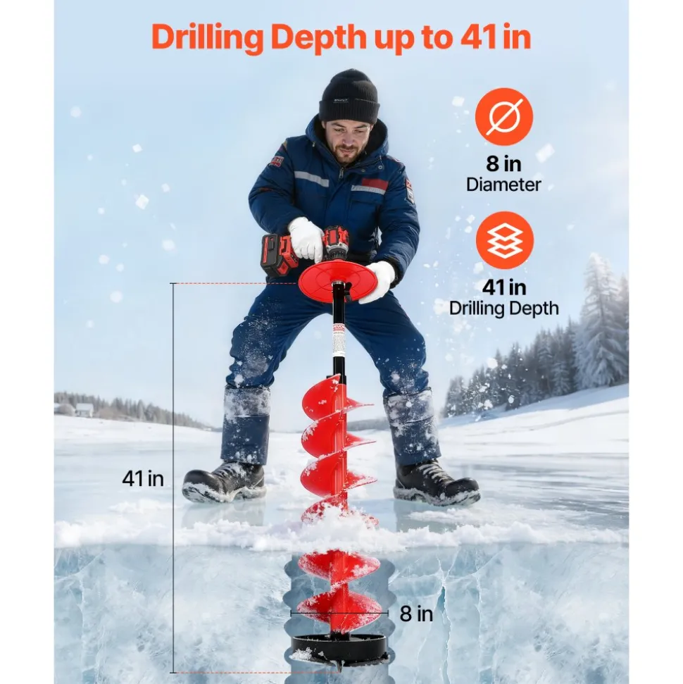 VEVOR Ice Auger Drill Bit, 8in Diameter 39in Length, Cordless Nylon Ice Fishing Augers With Extra 13.4in Extension Rod, Drill Adapter, Top Plate and Blade Guard