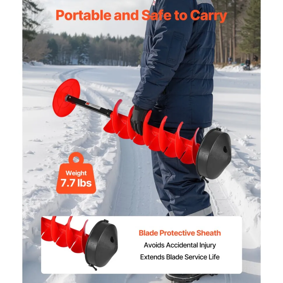 VEVOR Ice Auger Drill Bit, 8in Diameter 39in Length, Cordless Nylon Ice Fishing Augers With Extra 13.4in Extension Rod, Drill Adapter, Top Plate and Blade Guard