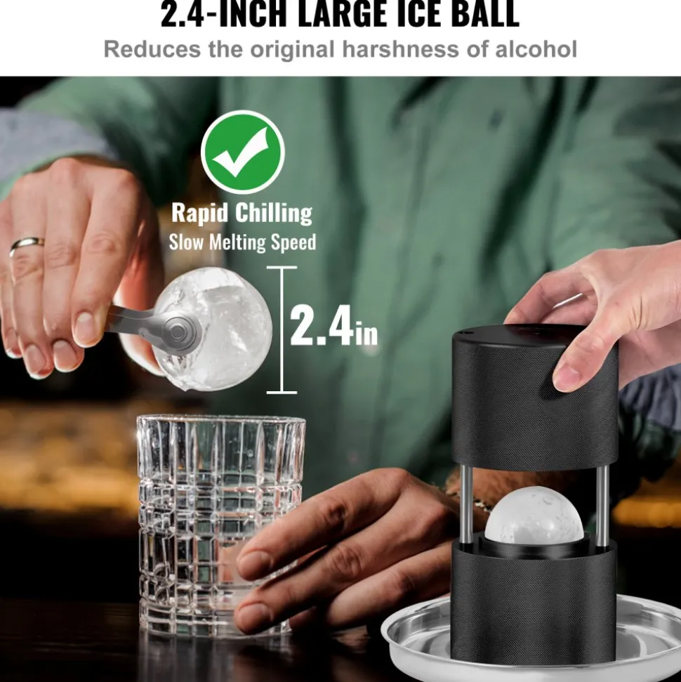 VEVOR Ice Ball Press, 2.4" Ice Ball Maker, Aircraft Al Alloy Ice Ball Press Kit for 60mm Ice Sphere, Ice Press with Tong and Drip Tray, for Whiskey, Cocktail, Bourbon, Scot on Party & Holiday, Black