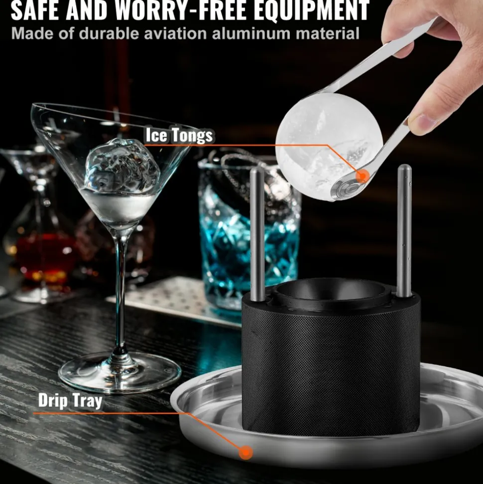 VEVOR Ice Ball Press, 2.4" Ice Ball Maker, Aircraft Al Alloy Ice Ball Press Kit for 60mm Ice Sphere, Ice Press with Tong and Drip Tray, for Whiskey, Cocktail, Bourbon, Scot on Party & Holiday, Black
