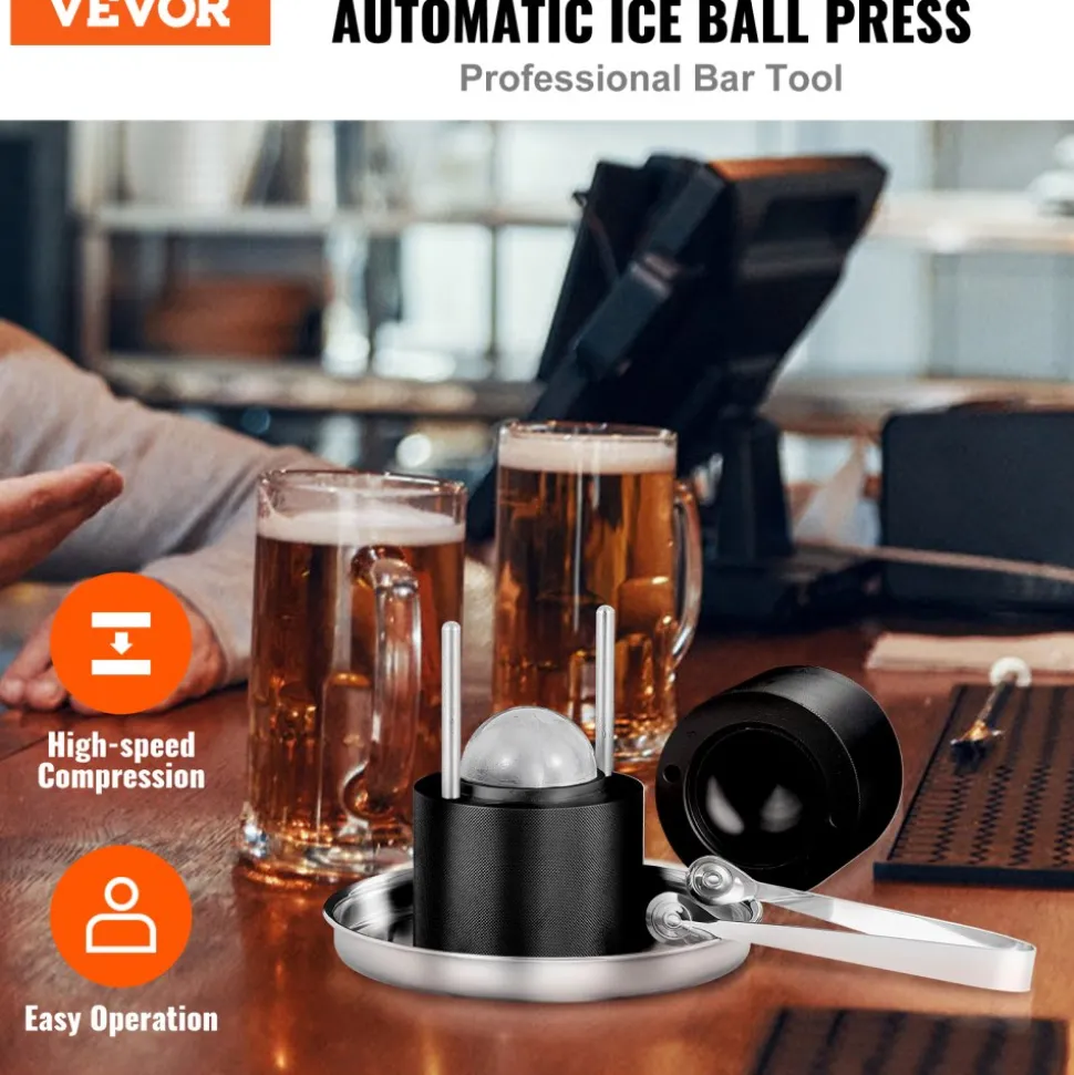 VEVOR Ice Ball Press, 2.4" Ice Ball Maker, Aircraft Al Alloy Ice Ball Press Kit for 60mm Ice Sphere, Ice Press with Tong and Drip Tray, for Whiskey, Cocktail, Bourbon, Scot on Party & Holiday, Black