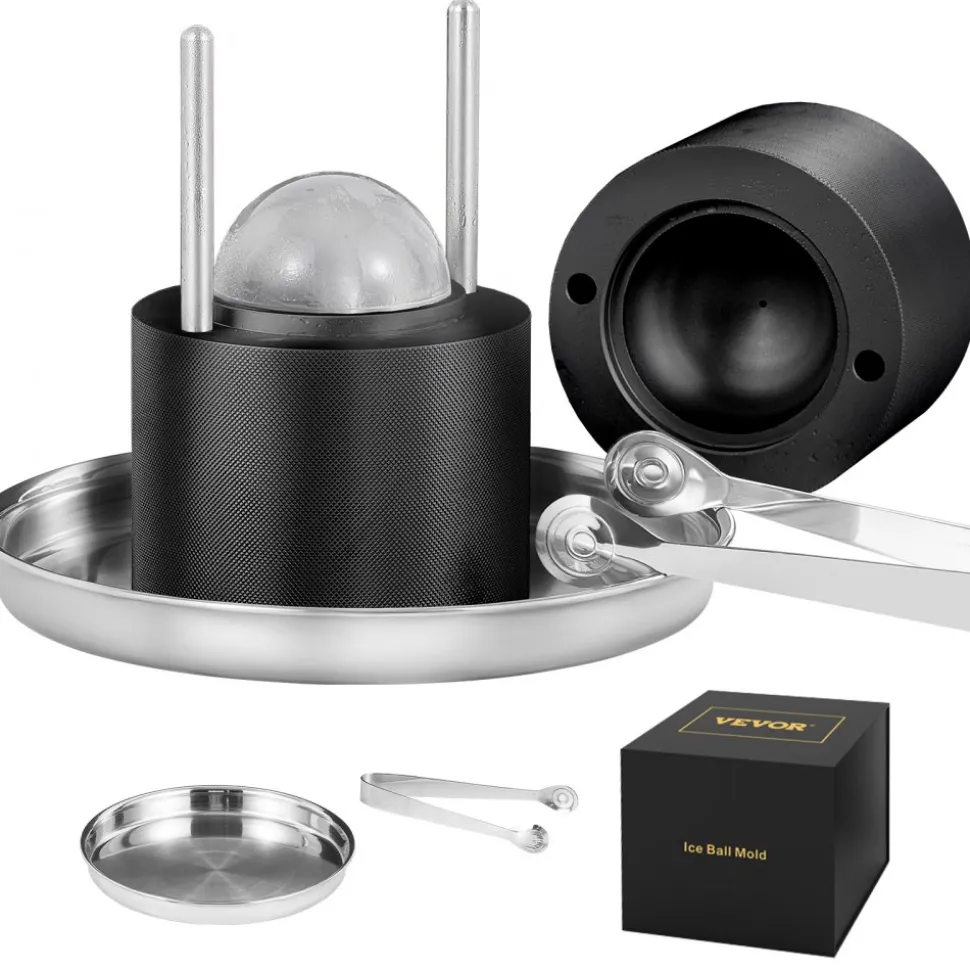 VEVOR Ice Ball Press, 2.4" Ice Ball Maker, Aircraft Al Alloy Ice Ball Press Kit for 60mm Ice Sphere, Ice Press with Tong and Drip Tray, for Whiskey, Cocktail, Bourbon, Scot on Party & Holiday, Black