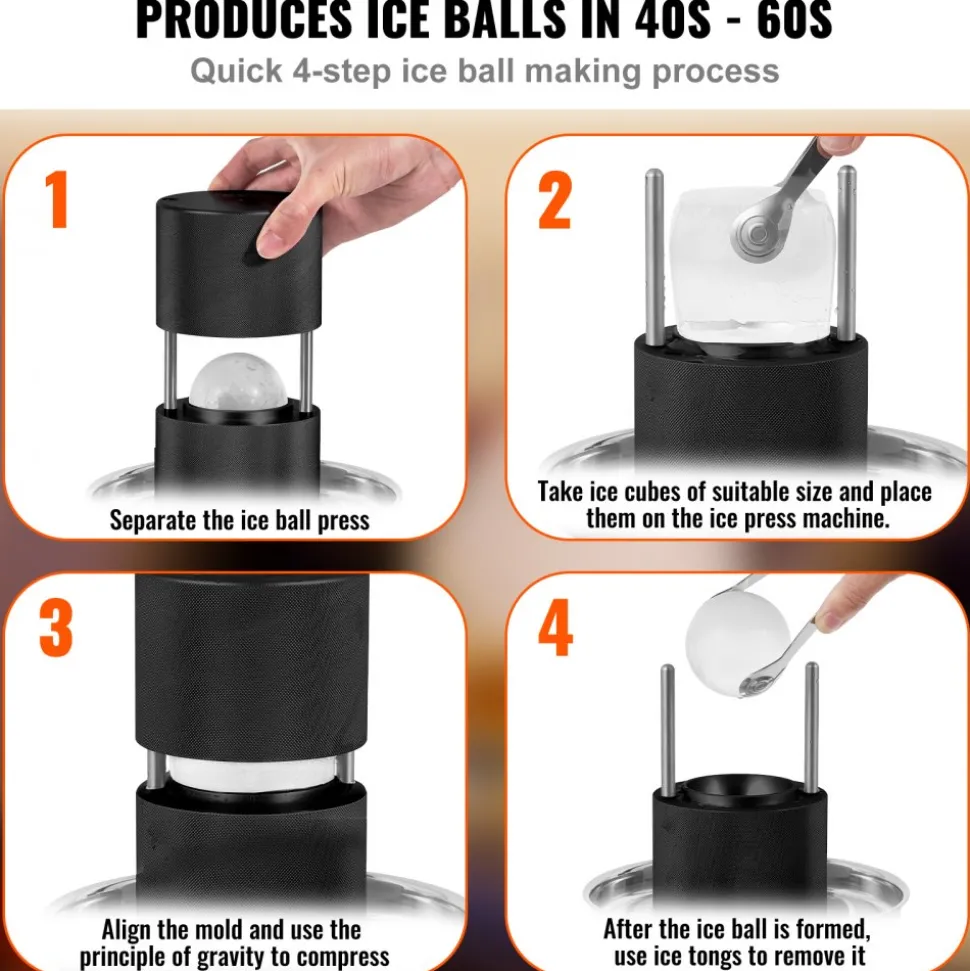 VEVOR Ice Ball Press, 2.4" Ice Ball Maker, Aircraft Al Alloy Ice Ball Press Kit for 60mm Ice Sphere, Ice Press with Tong and Drip Tray, for Whiskey, Cocktail, Bourbon, Scot on Party & Holiday, Black