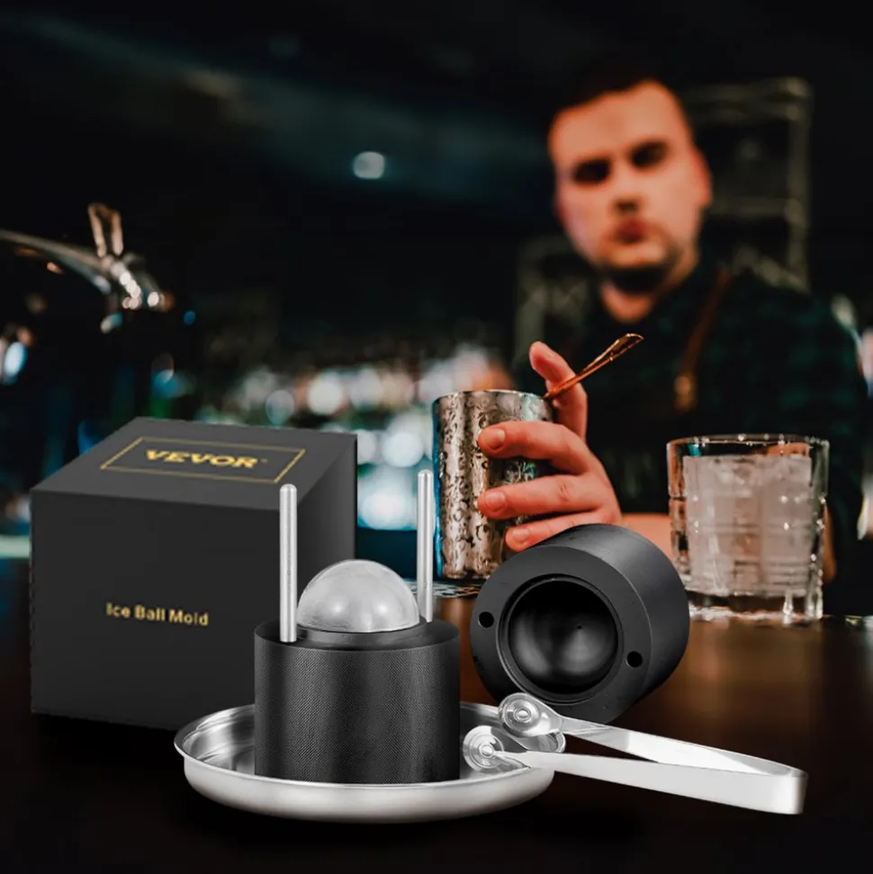 VEVOR Ice Ball Press, 2.4" Ice Ball Maker, Aircraft Al Alloy Ice Ball Press Kit for 60mm Ice Sphere, Ice Press with Tong and Drip Tray, for Whiskey, Cocktail, Bourbon, Scot on Party & Holiday, Black