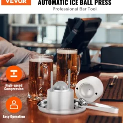 VEVOR Ice Ball Press Kit, Aircraft Al Alloy Ice Press with Ice Block Mold, Large Mat, Tong, Drip Tray, One Glass, Round Ice Ball Maker 2.4