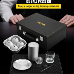 VEVOR Ice Ball Press Kit, Anodized 7075 Aluminum, with Silicone Moulds, Large Mat, Stainless Steel Tong & Two Glasses, Double Size Crystal Clear Rounds for Whiskeys, Cocktails on Parties & Holidays