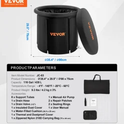 VEVOR Ice Bath Tub, Cold Water Therapy Plunge Tub for Athletes, Portable Outdoor Ice Barrel Plunge Pool for Recovery, 105 Gal Inflatable Folding Bathtub with Cover, Home Ice Pod for Adult, 34