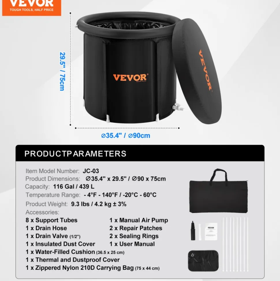 VEVOR Ice Bath Tub, Cold Water Therapy Plunge Tub for Athletes, Portable Outdoor Ice Barrel Plunge Pool for Recovery, 105 Gal Inflatable Folding Bathtub with Cover, Home Ice Pod for Adult, 34"Lx30"H