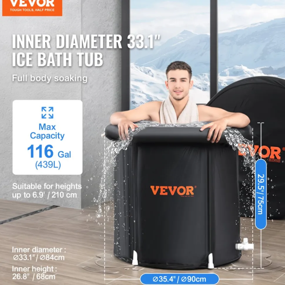 VEVOR Ice Bath Tub, Cold Water Therapy Plunge Tub for Athletes, Portable Outdoor Ice Barrel Plunge Pool for Recovery, 105 Gal Inflatable Folding Bathtub with Cover, Home Ice Pod for Adult, 34"Lx30"H