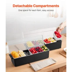 VEVOR Ice Cooled Condiment Serving Container, 6 Compartments Chilled Server, Fruit Veggie Condiment Caddy, Plastic Garnish Station Lid Dispenser Tray, for Bartending & Serving Taco Restaurant Supplies