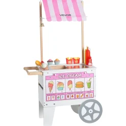 VEVOR Ice Cream Cart for Kids, 20+ PCS Accessories, Pretend Play Ice Cream Shop Kitchen Food Toys with Ice Cream Cone & Popsicle, Awning & Freezer, Storage Drawers & Flipping Menus, For Kids Aged 3-7