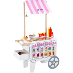 VEVOR Ice Cream Cart for Kids, 20+ PCS Accessories, Pretend Play Ice Cream Shop Kitchen Food Toys with Ice Cream Cone & Popsicle, Awning & Freezer, Storage Drawers & Flipping Menus, For Kids Aged 3-7