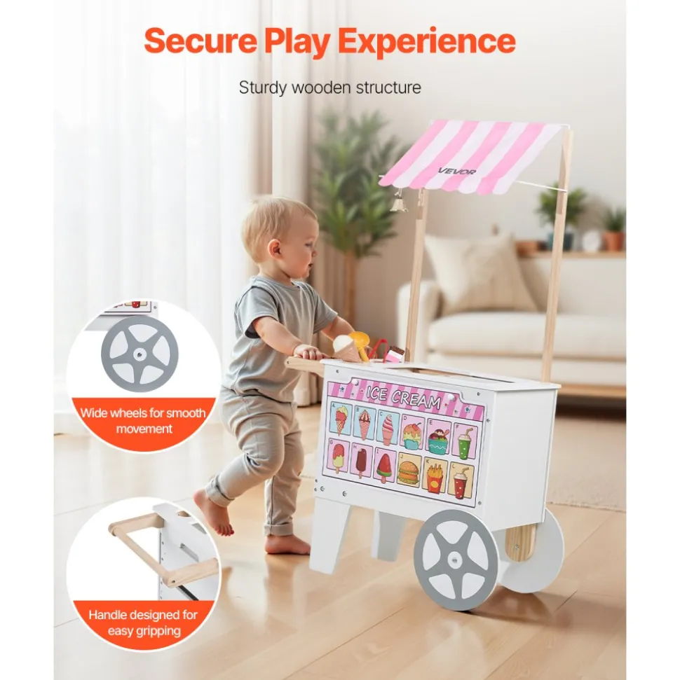 VEVOR Ice Cream Cart for Kids, 20+ PCS Accessories, Pretend Play Ice Cream Shop Kitchen Food Toys with Ice Cream Cone & Popsicle, Awning & Freezer, Storage Drawers & Flipping Menus, For Kids Aged 3-7