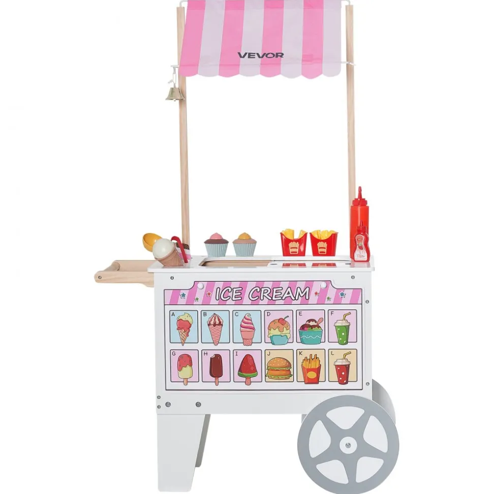 VEVOR Ice Cream Cart for Kids, 20+ PCS Accessories, Pretend Play Ice Cream Shop Kitchen Food Toys with Ice Cream Cone & Popsicle, Awning & Freezer, Storage Drawers & Flipping Menus, For Kids Aged 3-7