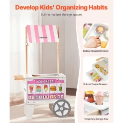 VEVOR Ice Cream Cart for Kids, 20+ PCS Accessories, Pretend Play Ice Cream Shop Kitchen Food Toys with Ice Cream Cone & Popsicle, Awning & Freezer, Storage Drawers & Flipping Menus, For Kids Aged 3-7
