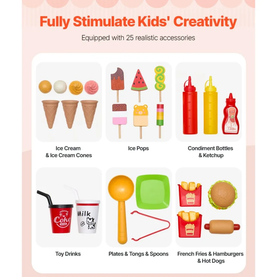 VEVOR Ice Cream Cart for Kids, 20+ PCS Accessories, Pretend Play Ice Cream Shop Kitchen Food Toys with Ice Cream Cone & Popsicle, Awning & Freezer, Storage Drawers & Flipping Menus, For Kids Aged 3-7