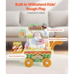 VEVOR Ice Cream Cart for Kids, 27 PCS Accessories, Pretend Play Store with Storage Trolley with Pretend Money, Sound & Light Effects, Montessori Educational Ice Cream Truck Toys for Toddlers 3+