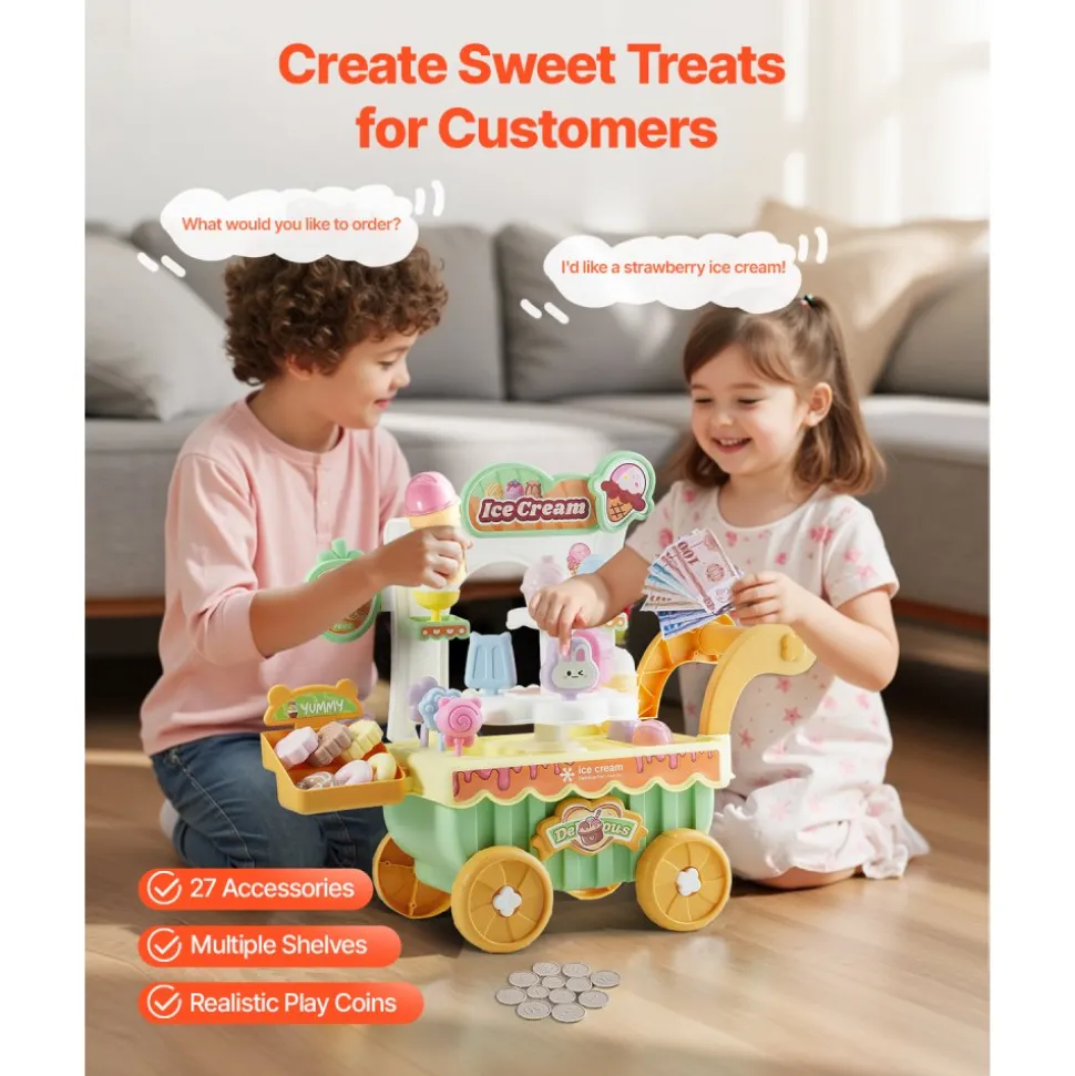 VEVOR Ice Cream Cart for Kids, 27 PCS Accessories, Pretend Play Store with Storage Trolley with Pretend Money, Sound & Light Effects, Montessori Educational Ice Cream Truck Toys for Toddlers 3+