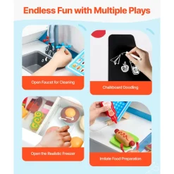 VEVOR Ice Cream Cart for Kids, 20+ PCS Ice Cream Truck Wooden Playset, Pretend Play Stand with Steering Wheel & Chalkboard, Payment Scanner & Freezer, Faucet & Sink, Suitable for Kids 3-7 Years Old