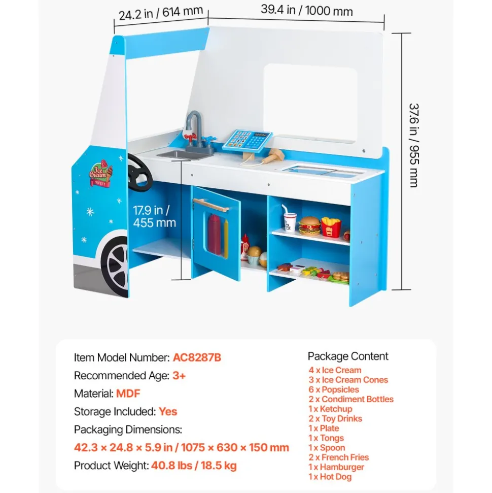 VEVOR Ice Cream Cart for Kids, 20+ PCS Ice Cream Truck Wooden Playset, Pretend Play Stand with Steering Wheel & Chalkboard, Payment Scanner & Freezer, Faucet & Sink, Suitable for Kids 3-7 Years Old