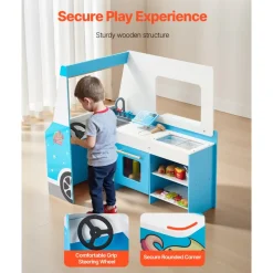VEVOR Ice Cream Cart for Kids, 20+ PCS Ice Cream Truck Wooden Playset, Pretend Play Stand with Steering Wheel & Chalkboard, Payment Scanner & Freezer, Faucet & Sink, Suitable for Kids 3-7 Years Old