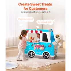 VEVOR Ice Cream Cart for Kids, 20+ PCS Ice Cream Truck Wooden Playset, Pretend Play Stand with Steering Wheel & Chalkboard, Payment Scanner & Freezer, Faucet & Sink, Suitable for Kids 3-7 Years Old