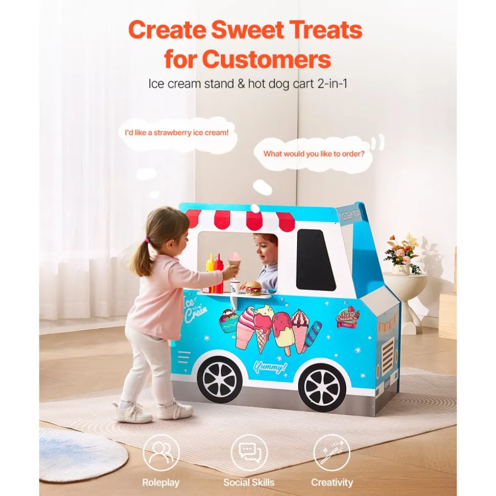 VEVOR Ice Cream Cart for Kids, 20+ PCS Ice Cream Truck Wooden Playset, Pretend Play Stand with Steering Wheel & Chalkboard, Payment Scanner & Freezer, Faucet & Sink, Suitable for Kids 3-7 Years Old