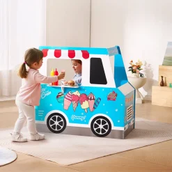 VEVOR Ice Cream Cart for Kids, 20+ PCS Ice Cream Truck Wooden Playset, Pretend Play Stand with Steering Wheel & Chalkboard, Payment Scanner & Freezer, Faucet & Sink, Suitable for Kids 3-7 Years Old