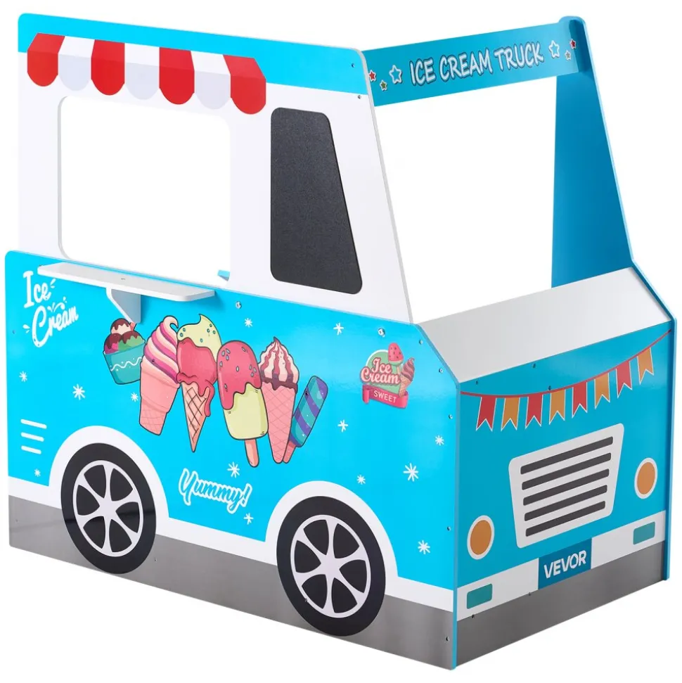 VEVOR Ice Cream Cart for Kids, 20+ PCS Ice Cream Truck Wooden Playset, Pretend Play Stand with Steering Wheel & Chalkboard, Payment Scanner & Freezer, Faucet & Sink, Suitable for Kids 3-7 Years Old