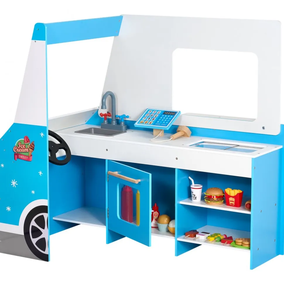 VEVOR Ice Cream Cart for Kids, 20+ PCS Ice Cream Truck Wooden Playset, Pretend Play Stand with Steering Wheel & Chalkboard, Payment Scanner & Freezer, Faucet & Sink, Suitable for Kids 3-7 Years Old
