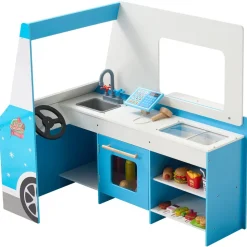 VEVOR Ice Cream Cart for Kids, 20+ PCS Ice Cream Truck Wooden Playset, Pretend Play Stand with Steering Wheel & Chalkboard, Payment Scanner & Freezer, Faucet & Sink, Suitable for Kids 3-7 Years Old