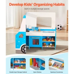 VEVOR Ice Cream Cart for Kids, 20+ PCS Ice Cream Truck Wooden Playset, Pretend Play Stand with Steering Wheel & Chalkboard, Payment Scanner & Freezer, Faucet & Sink, Suitable for Kids 3-7 Years Old