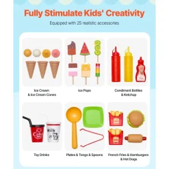 VEVOR Ice Cream Cart for Kids, 20+ PCS Ice Cream Truck Wooden Playset, Pretend Play Stand with Steering Wheel & Chalkboard, Payment Scanner & Freezer, Faucet & Sink, Suitable for Kids 3-7 Years Old